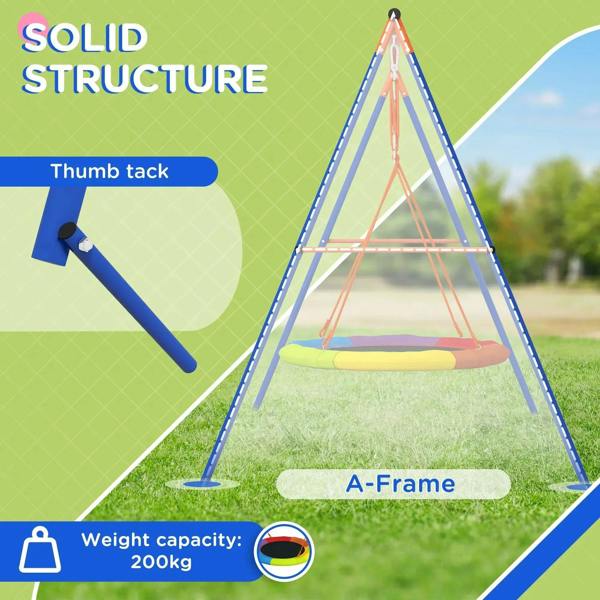 A-frame swing frame with multicolor nest seat and orange suspension rope
