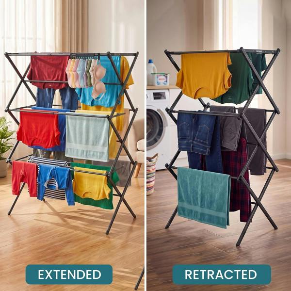 Laundry Mate Clothes Airer with Sock Clips - 3 Tier Space Saving Foldable Laundry Rack - Extends up to 71CM 11 Hanging Poles