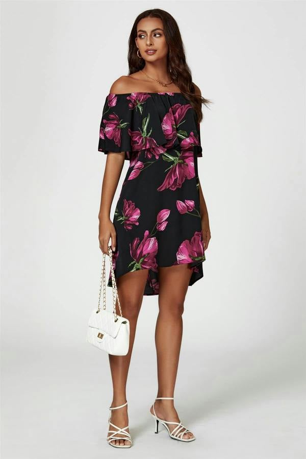 FS Collection Pink Floral Print Bardot Frill Off Shoulder Mini Dress In Black