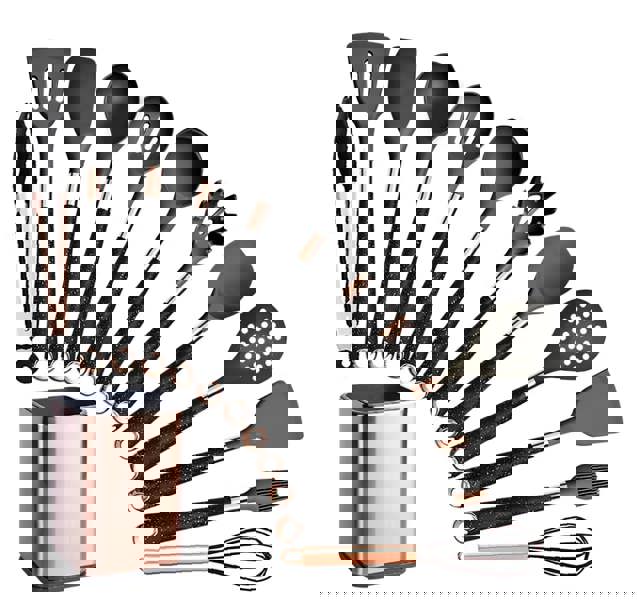 Anygleam Kitchen Utensils 12-Piece Non-stick Black Set with Gold Plated Handles, Support Point & Storage Box. Heat Resistant Kitchenware Accessories.