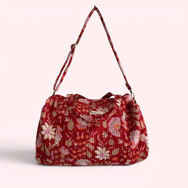 Hayley & Co Weekend Duffle Bag | Red Block Print Floral with Long Strap