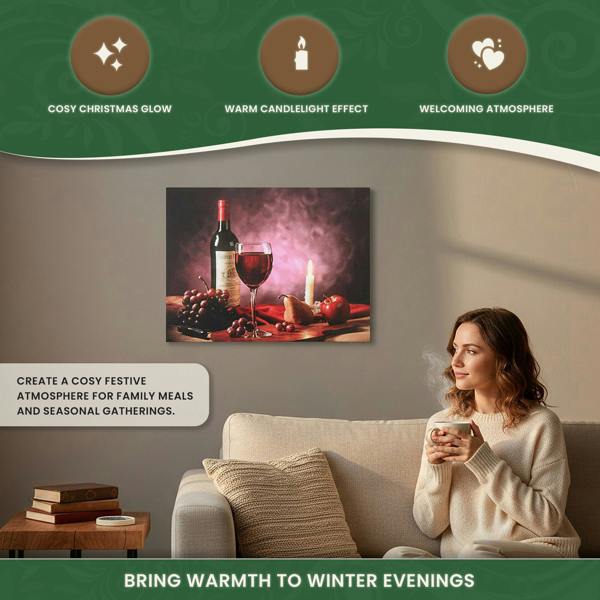 Red Wine, Grapes & Candle Christmas Canvas Print with LED Flickering Lights, 40 x 30cm, Wooden Frame, Battery Powered