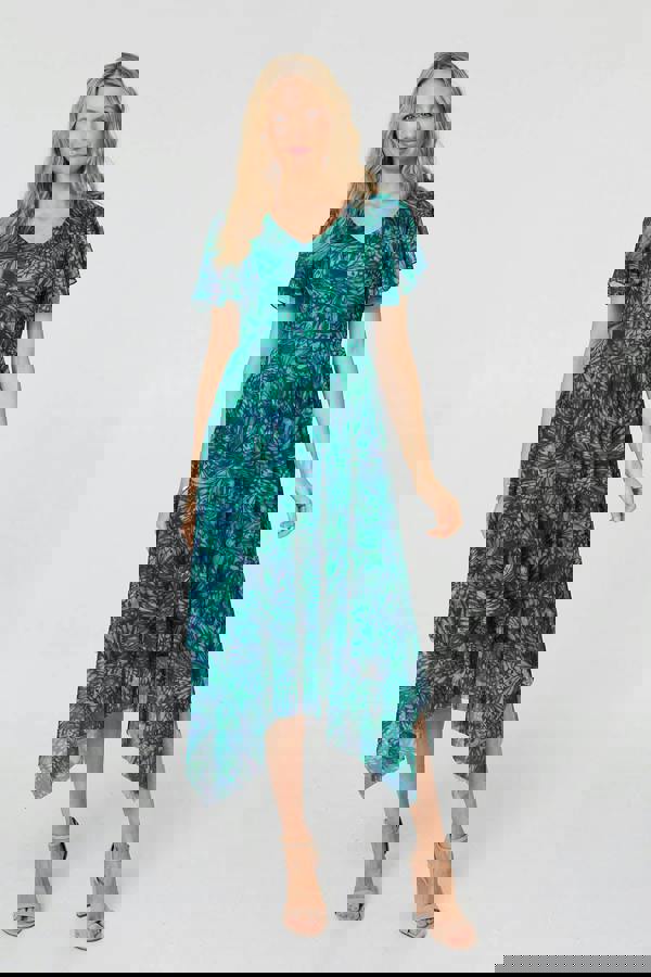 Green | Printed Semi Sheer Hanky Hem Midi Dress