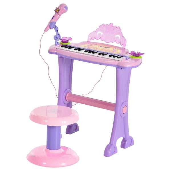 Pink kids mini electronic keyboard with matching stool and adjustable microphone