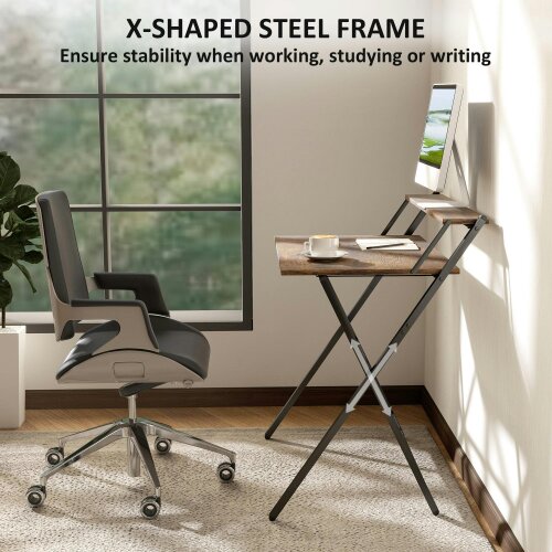 Wyld Haus Veeldi 81cm Small Wooden Brown Rustic Folding Desk With Raised Monitor Shelf