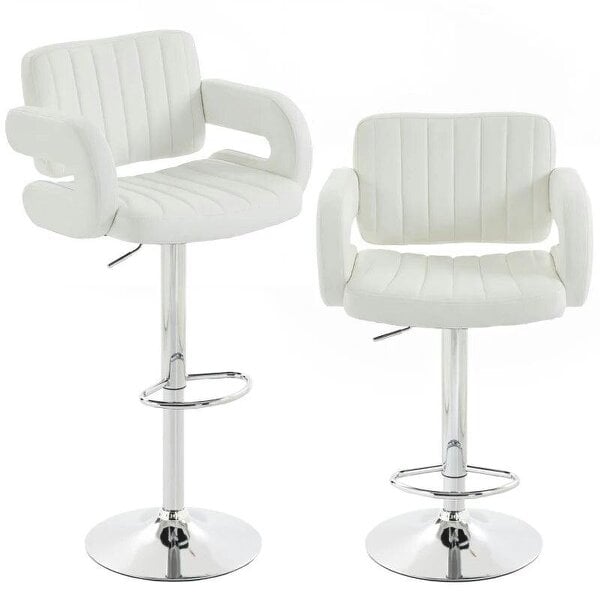Bar Stools Adjustable Swivel Kitchen Chairs with Backrest Armrest Set of 2 PU Leather White