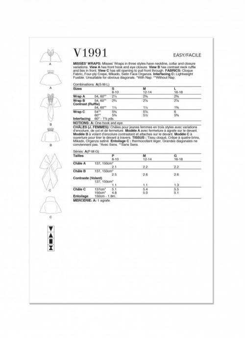 Vogue Sewing Pattern 1991, Wraps for Women, A (S-M-L) - Easy