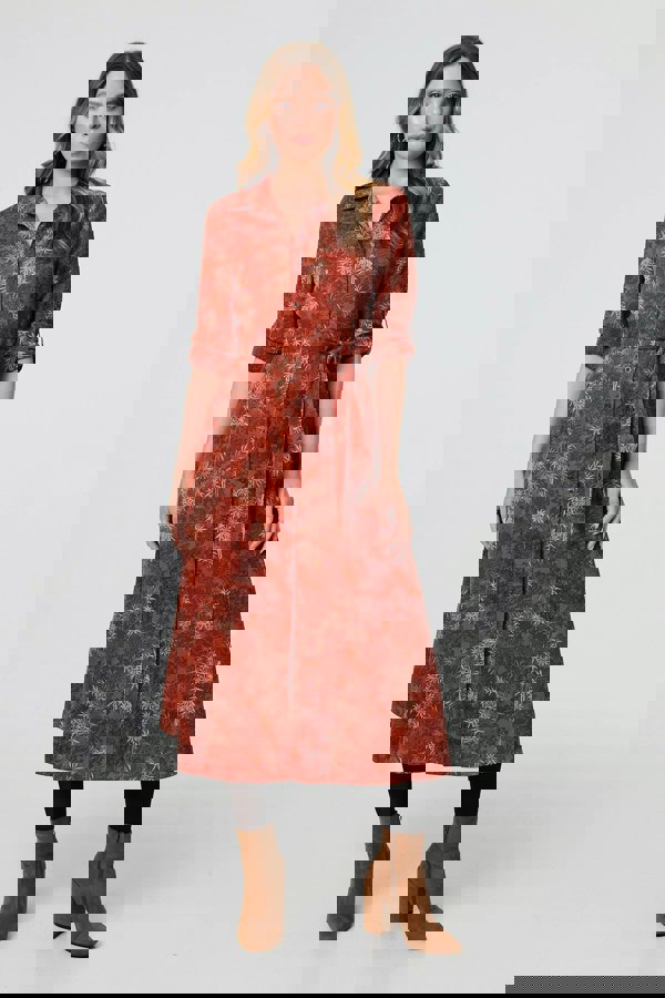 Orange | Leaf Print Tie Waist Midi Shirt Dress
