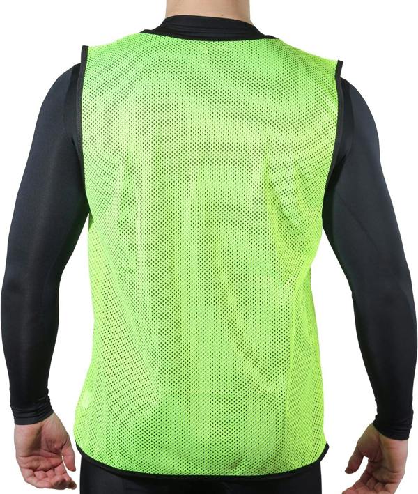 Fluorescent yellow mesh Optimum training bib worn by a man over black top, rear view, on white - Optimum