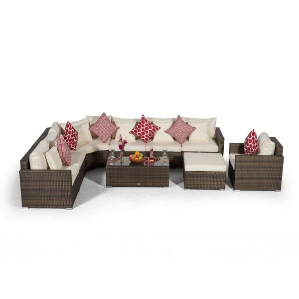 Giardino Santorini L Shape Modular 7 Seat Rattan Corner Sofa Set With Armchair, Large Coffee Table & Ottoman
