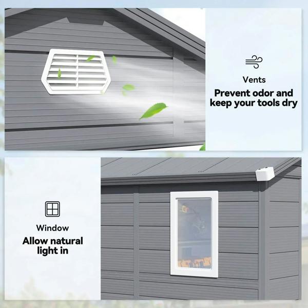 Grey shed roof and wall vent and window details shown on wall panels