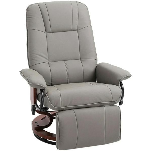 Grey reclining swivel chair with footrest and padded armrests, upholstered in cloth.