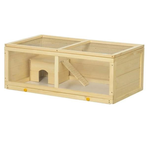 Natural wood hamster cage with mesh top, open frame, and built-in hut and ramp