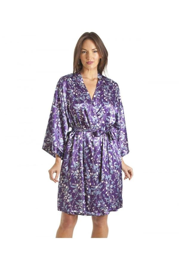 Luxury White And Blue Floral Print Purple Satin Wrap