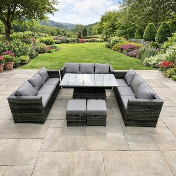 Fimous 11 Seater Rattan Garden Furniture Set with U Shape Sofa, Adjustable Table & 2 Footstools - Dark Grey