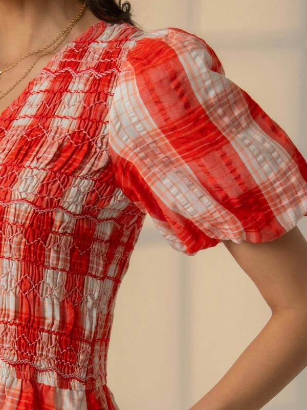 Rose & Nancy Nella Coral White Check Smock Midi Dress With Embroidery