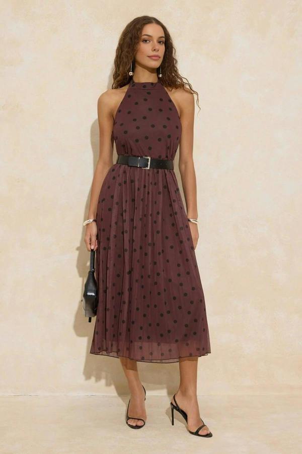 WOVCOR Polka Dot Waist-Stringed Halter Neck Pleated Maxi Tulle Knit Dress