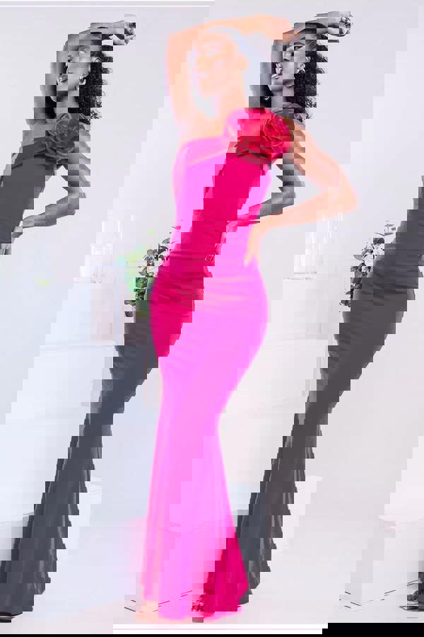 Satin Corsage Scuba Crepe Maxi Dress - Magenta DR4215