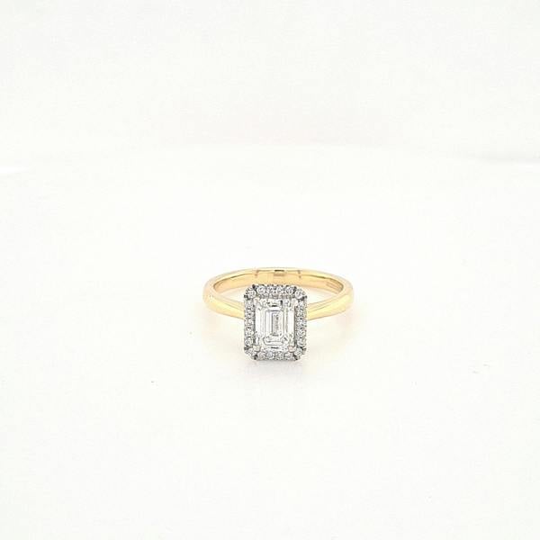 Sarah Layton 18ct Yellow Gold Emerald Cut Diamond Halo Engagement Ring - 0.90ct