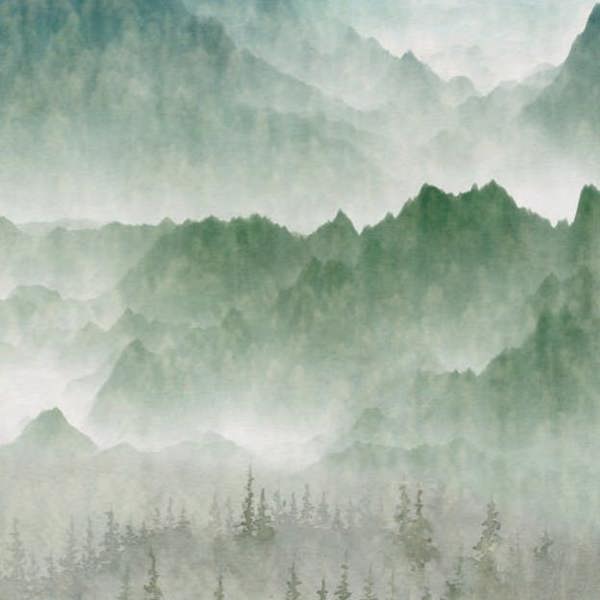 Grandeco Nendaz Misty Forest Mountains 3 panel repeatable Mural 1.59 x 2.8m, Green Teal