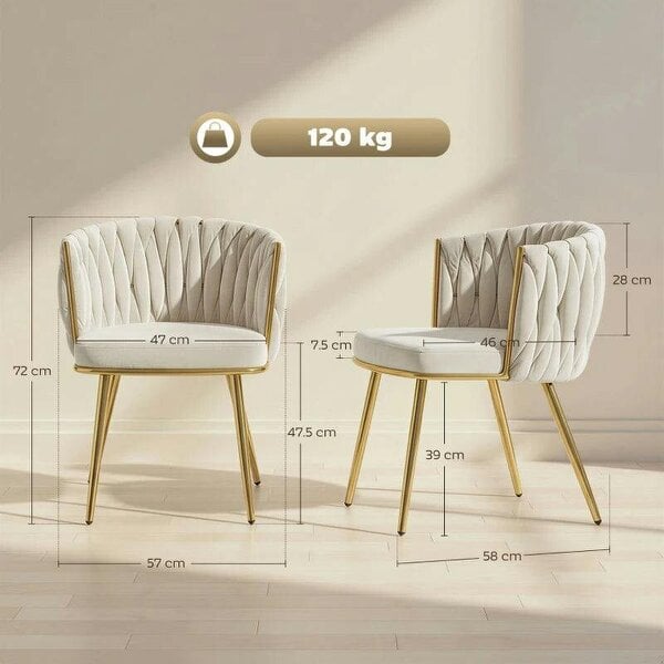 Bobobiy Velvet-Feel Dining Chairs Set of 2, Modern Upholstered Armchair with Knot Design and Golden Metal Legs, Accent Chair, Cream