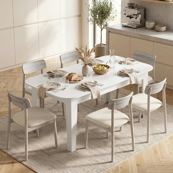Extendable Oval Dining Table for 4-6, Modern Expandable Kitchen Table, Round Edges, White