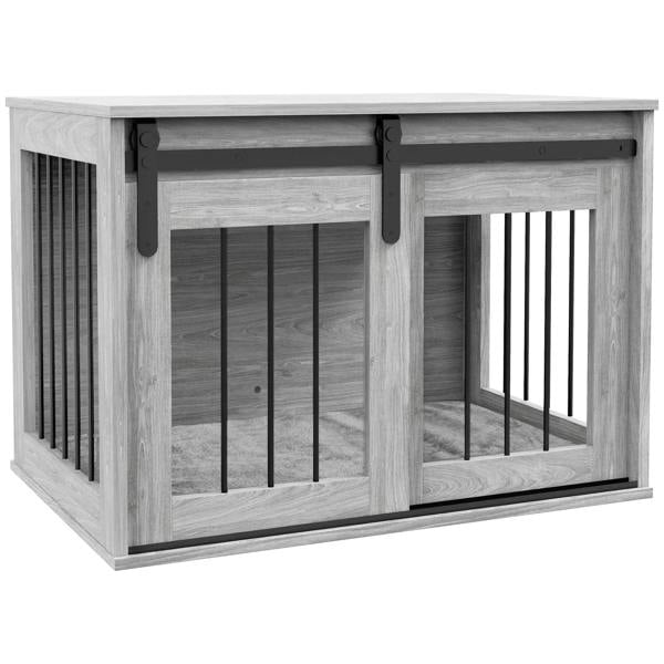 Grey wooden dog crate furniture with open front slat door and side ventilation bars