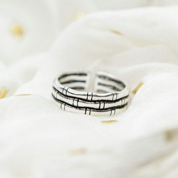 The Colourful Aura Silver Adjustable Thick Multilayer Bamboo Dainty Band Ring