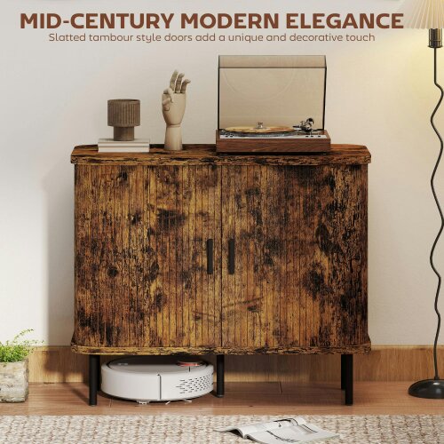 Wyld Haus Lasa Rustic Brown Mid Century Sideboard With Slatted Sliding Doors And Steel Legs