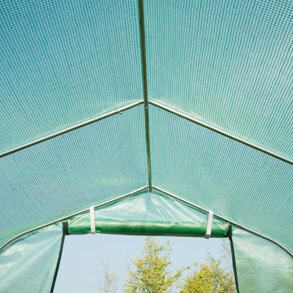 Interior corner of a green walk-in polytunnel greenhouse with arched metal frame