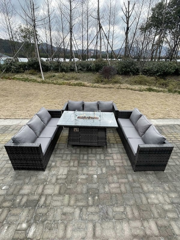 Fimous 9 Seater?U Shape Outdoor Lounge Rattan Sofa Set Garden Furniture Gas Firepit Set Dining Table Dark Grey Mixed