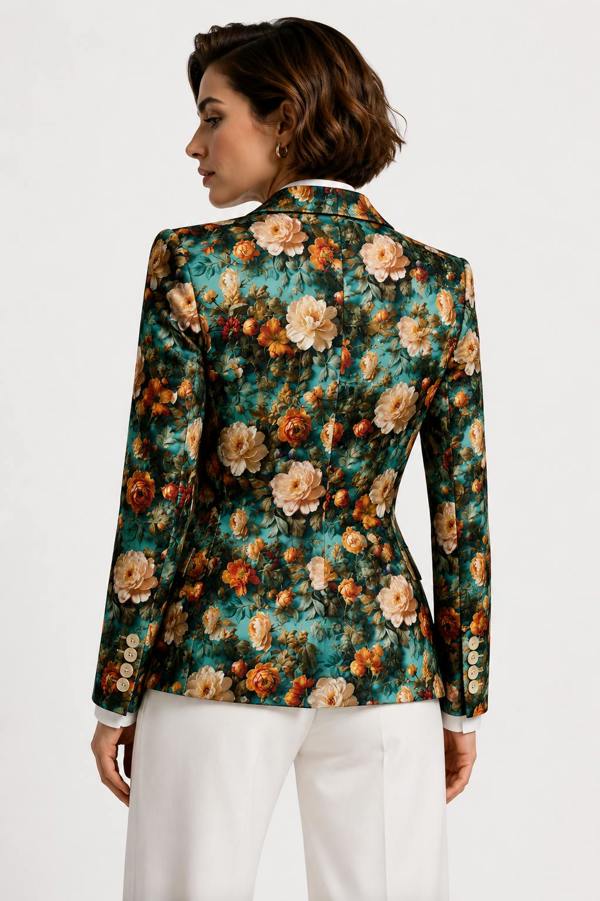 Renaissance cream rose and emerald foliage print on blazer CLWJ2609