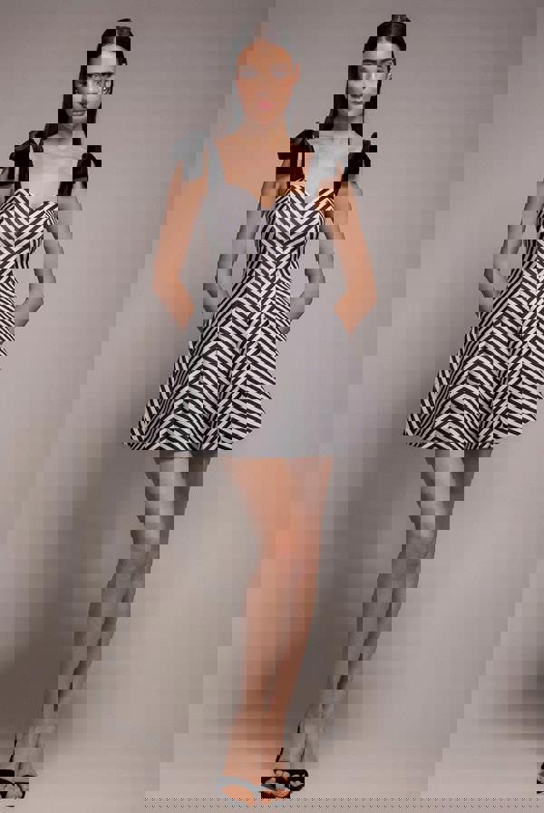 Diagonal Stripe Velvet Bow A Line Mini Dress - Black White DR5098