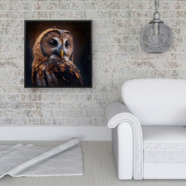 Warren Reed Tawny Owl Face Splash Art Dark Background Framed Canvas