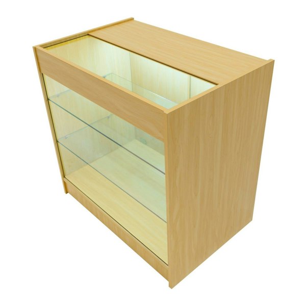 LED retail shop counter K900 in maple finish, featuring glass shelves and a sleek, modern design for showcasing products