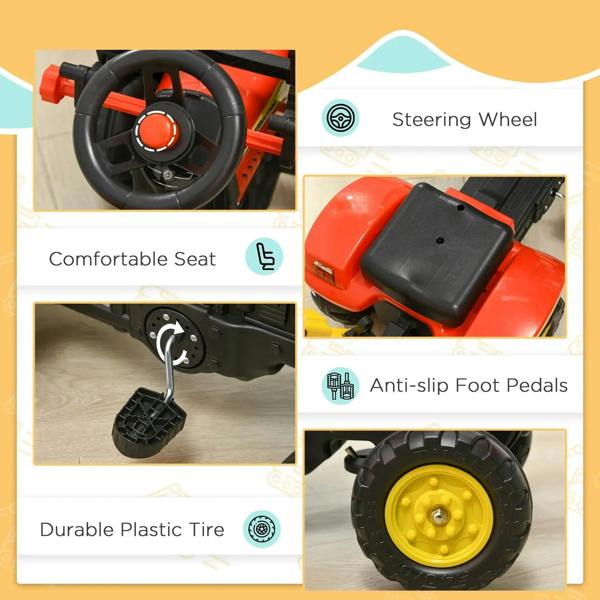 Red and yellow kids ride-on excavator toy showing steering wheel, seat, pedals, and tires