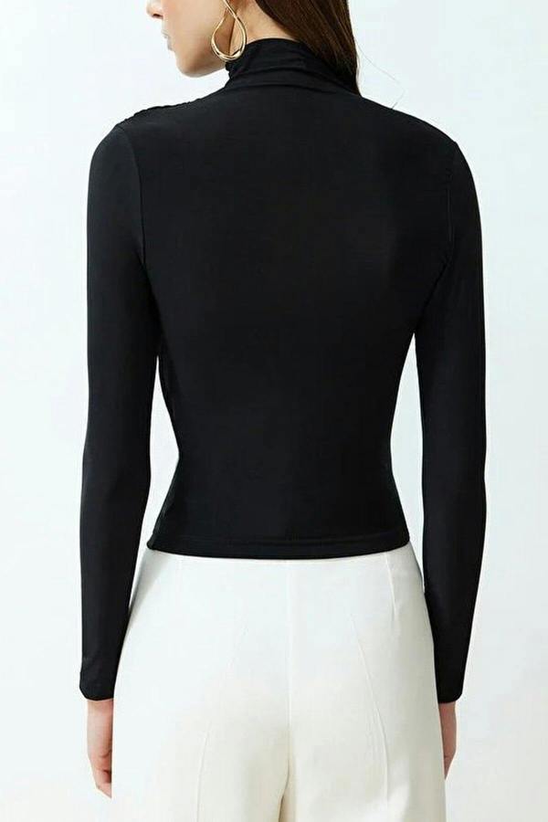WOVCOR Draped High Neck Long Sleeve Blouse