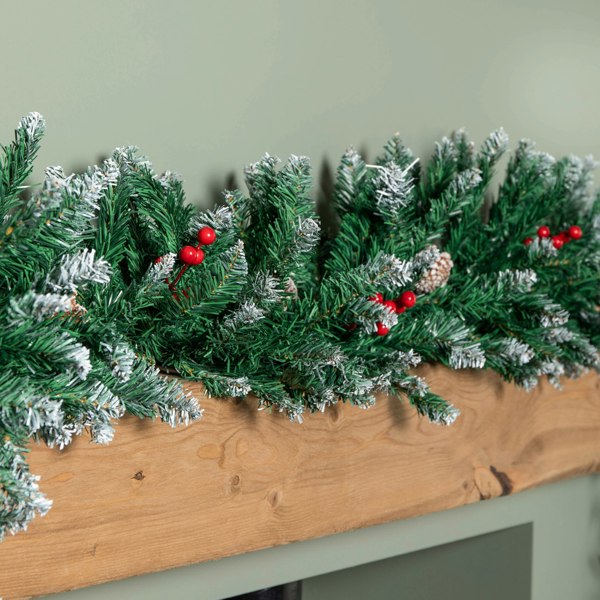 Samuel Alexander 2.7m Snow Tipped Christmas Garland with Red Berries, Cones & Bullet Tips