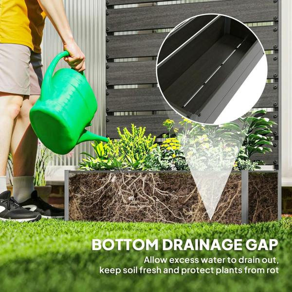 Black planter box with bottom drainage gap and watering can pouring into soil
