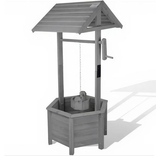 Gr8 Garden Rustic Grey Wooden Wishing Well Planter Bucket Flower Pot Garden Patio Ornament