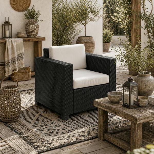 Wyld Haus Raco Rattan Black Single Outdoor Armchair With Thick Cushioned Seat And Armrests