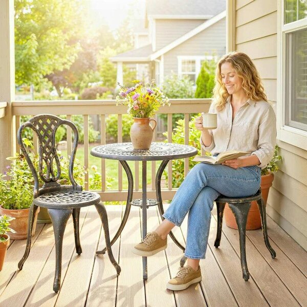 3 Piece Patio Cast Aluminium Bistro Set Garden Outdoor Furniture Table and Chairs Shabby Chic Style, Bronze Tone - Bronze Tone