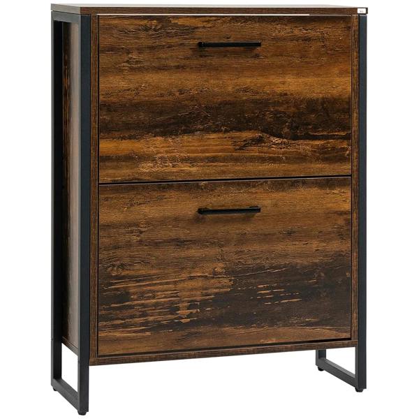 Rustic brown wood-effect shoe cabinet with two drawers and metal bar handles