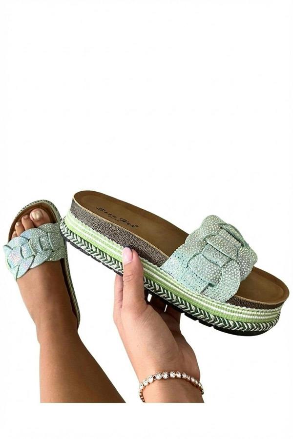 Erin Open Toe Embellished Strap Slide Platform Sandals - Green_wb