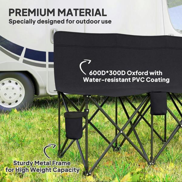 Black 6-seater folding camping chair with cup holders and sturdy metal frame