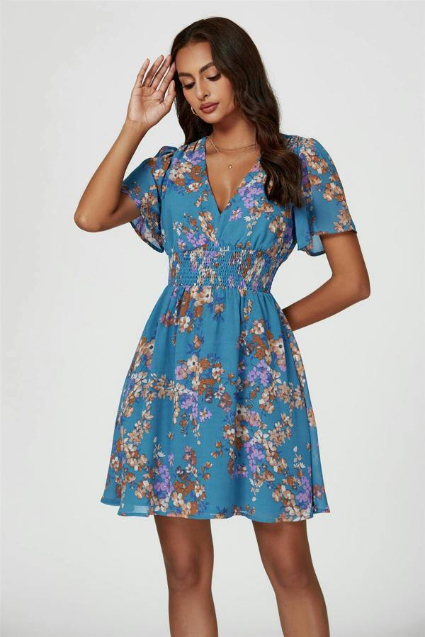 FS Collection Floral Print Short Sleeve Mini Dress In Blue