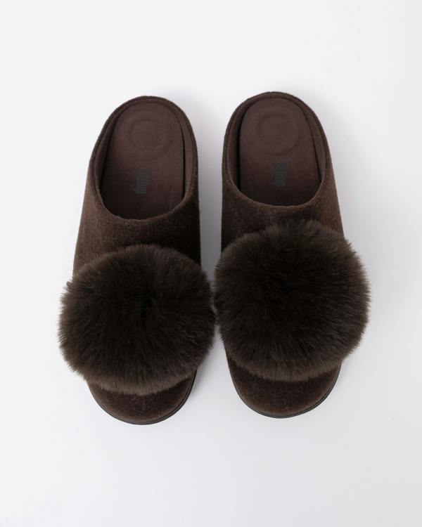 Top view of the FitFlop IQ-Snug Womens Felt Pom Pom Slipper - Chocolate Brown 167