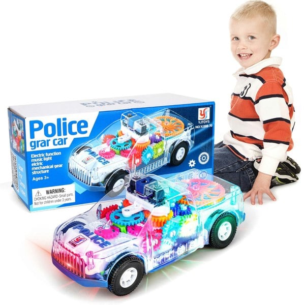 deAO Toys Electric Transparent Police Gear Car Toy Rotating Car - Flashing Lights Siren Sounds, Automatic Obstacle Avoidance