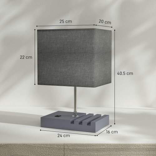 Wyld Haus Kata Wood And Fabric Grey Bedside Table Lamp With USB Charging Ports Phone Stands And Fabric Shade