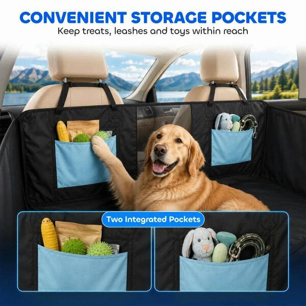 Dog Car Seat Cover, Waterproof Dog Travel Hammock w/ Non-Slip & Anti-Scratch Surface, Mesh Window and Pockets, Blue